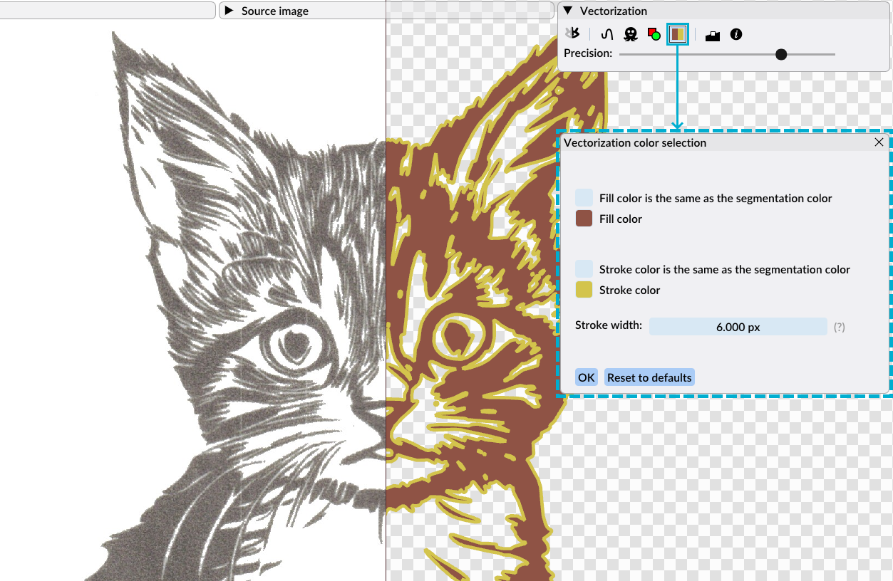 The vectorization color selection window is accessible via the vectorization panel