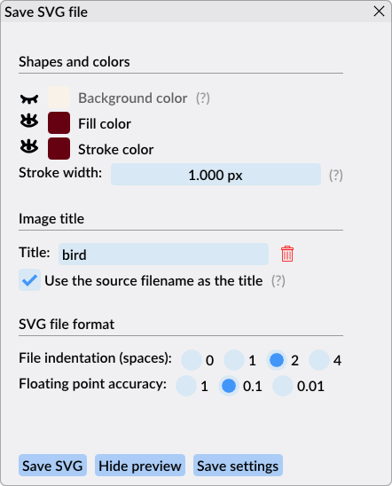 Options available when saving a SVG file